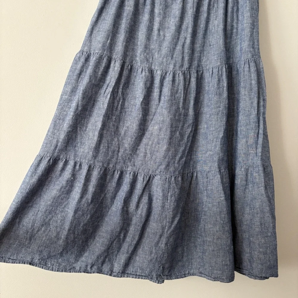 Linen Blend Tiered Chambray Midi Skirt Blue Size M Coastal Cowgirl Western Boho - Picture 6 of 9